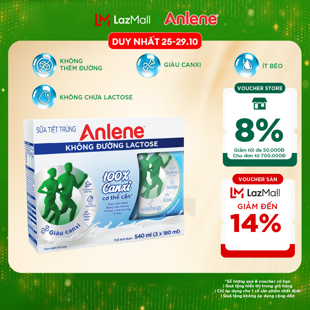 Lốc 3 hộp sữa Anlene không đường Lactose vị nguyên bản 180ml