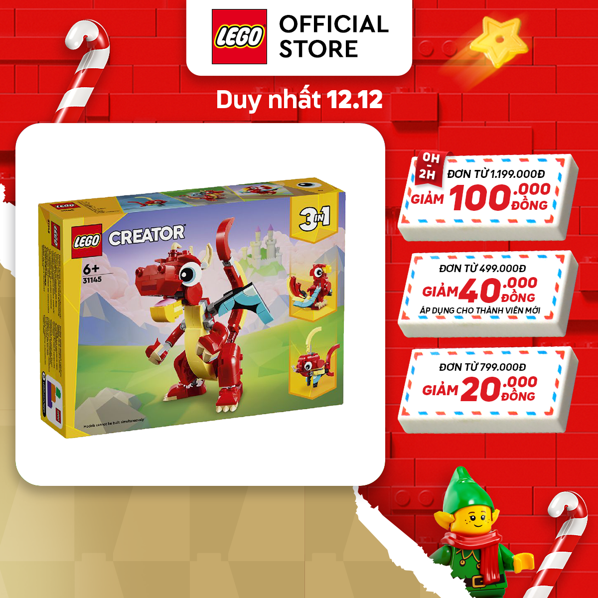 LEGO CREATOR 31145 Đồ chơi lắp ráp Rồng đỏ may mắn (149 chi tiết)