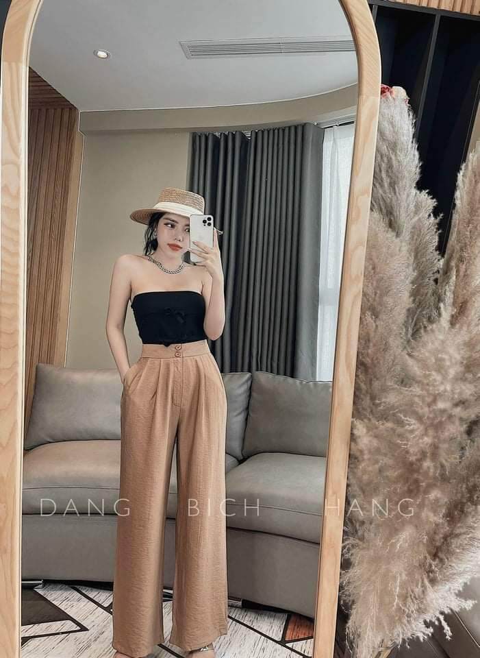 Quần đũi suông cạp chun lưng cao