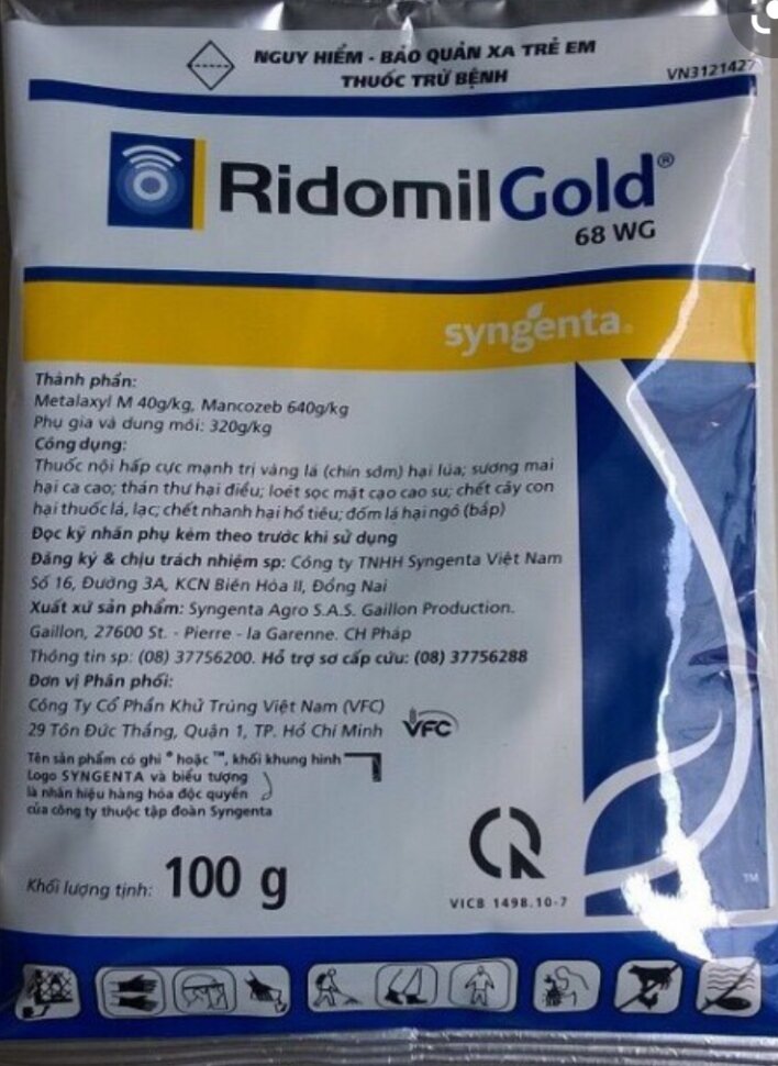 Thuốc trừ bệnh - Ridomil Gold - (gói 100gr), trừ bệnh sương mai, thán thư, nứt thân xì mũ, chết nhanh, đốm lá, mốc sương, thối nõn