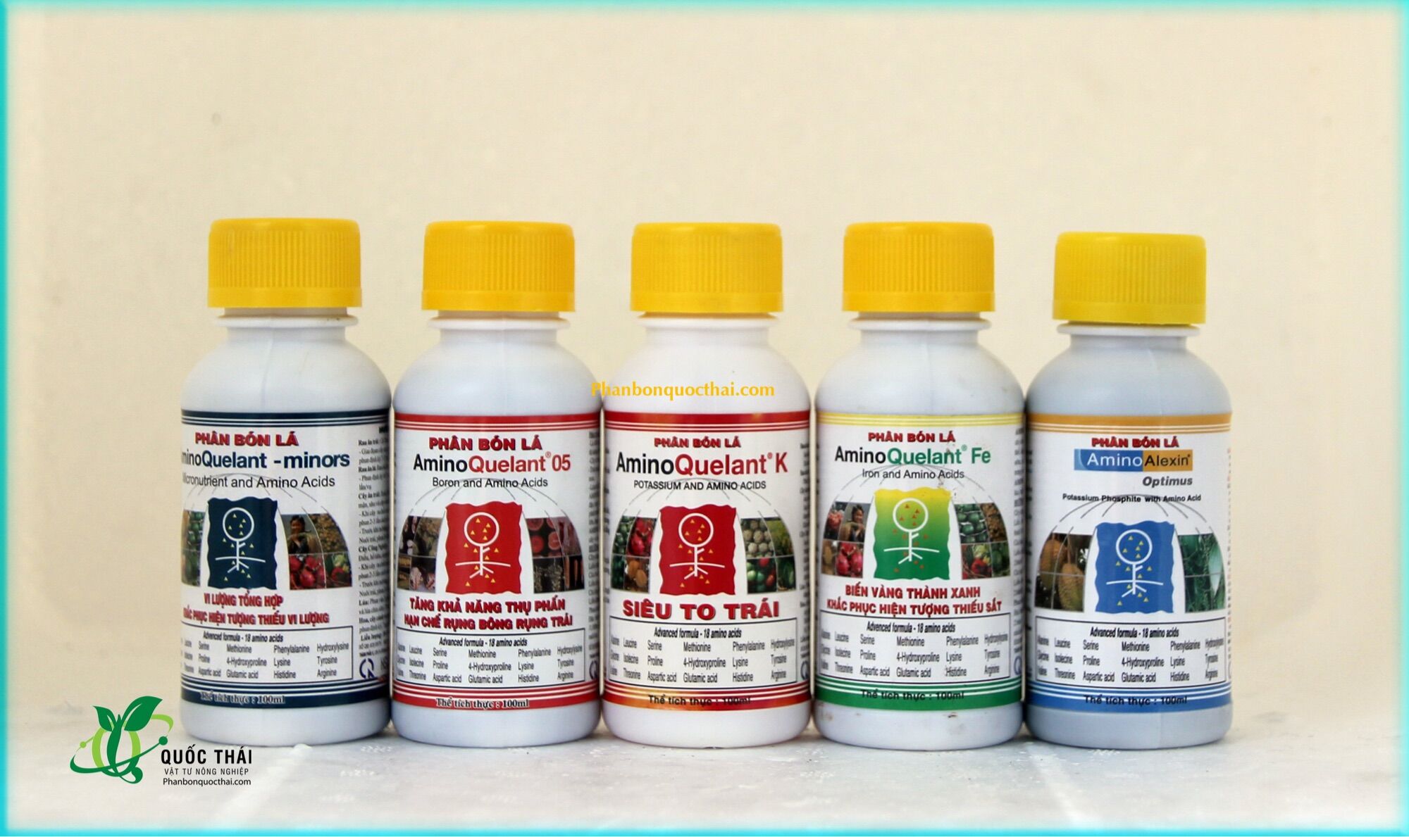 Bộ 5 sản phẩm phân bón lá amino quelant fe, k, alexin, bo và minors – 100ml