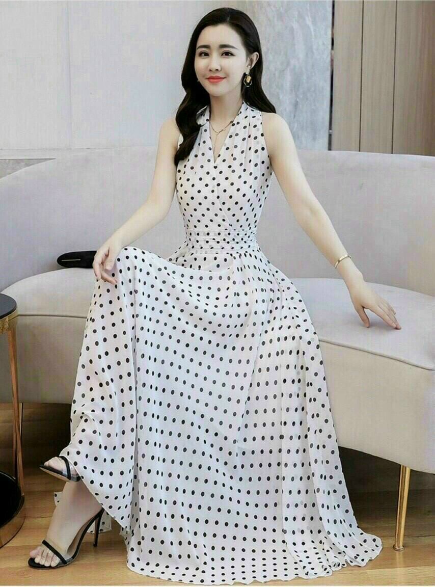 (Video thật) Đầm Maxi Lụa Chấm Bi Cổ V duyên dáng xinh