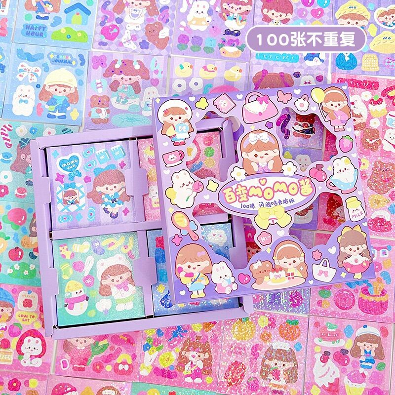 🌸Hộp 100 tấm sticker lấp lánh Momo chủ đề cô gái dễ thương🌸