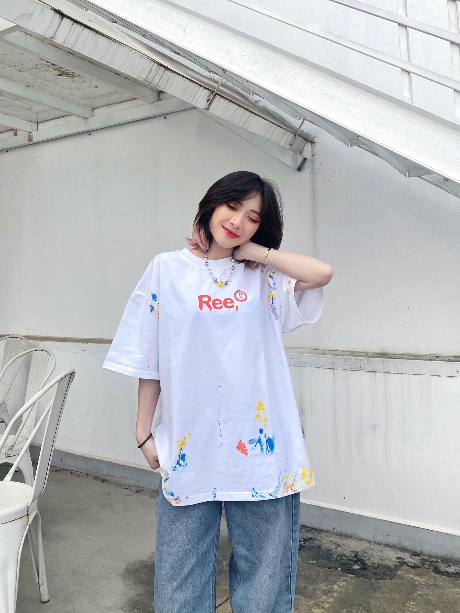 ÁO THUN VẨY SƠN THỦ CÔNG BY REE MÀU TRẮNG