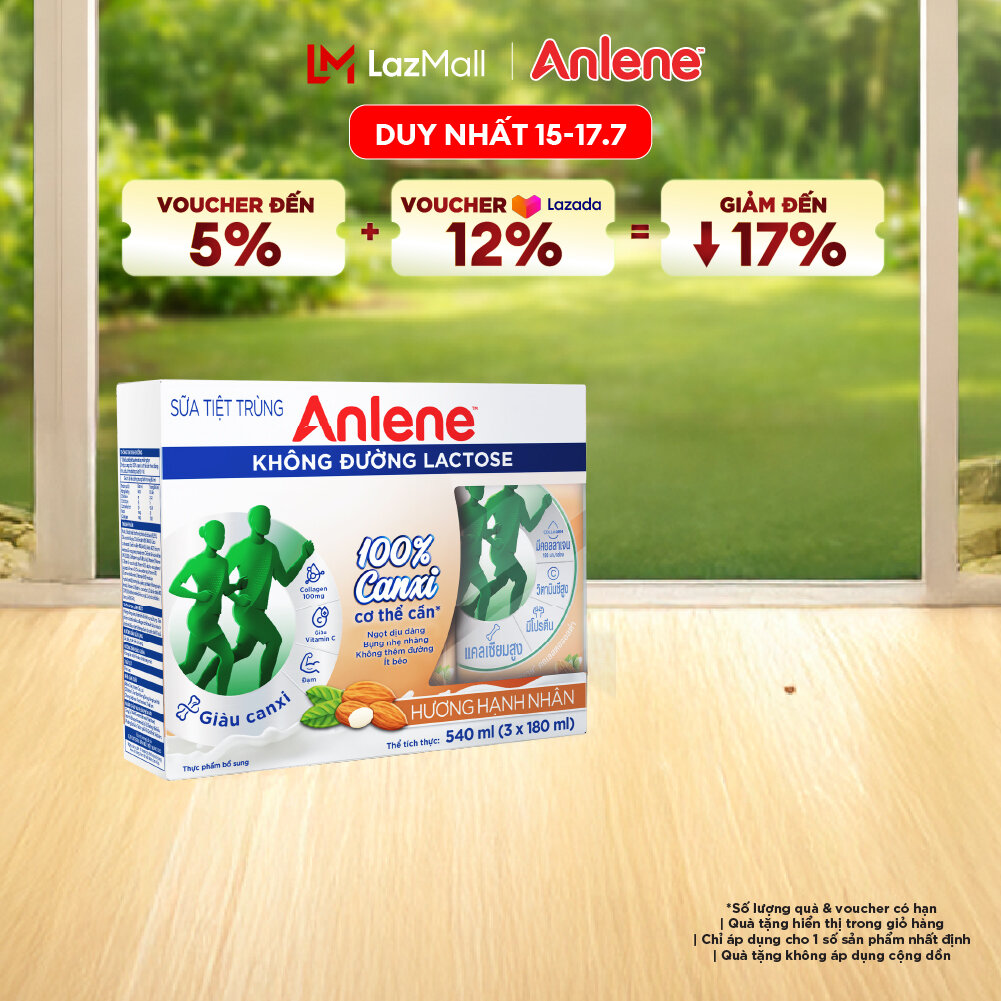 Lốc 3 hộp sữa Anlene không đường Lactose vị hạnh nhân 180ml