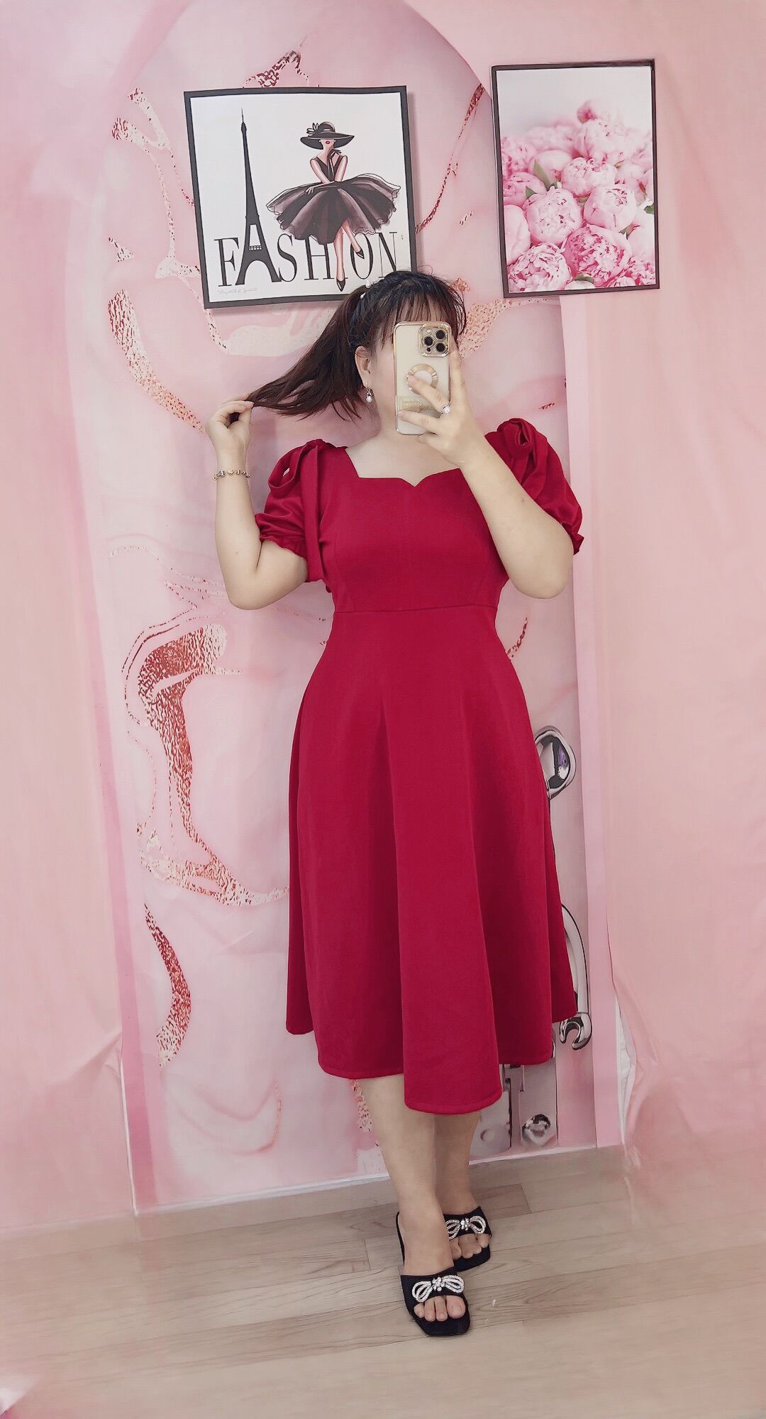 Đầm Midi đính nơ vai Bigsize 60kg đến 95kg