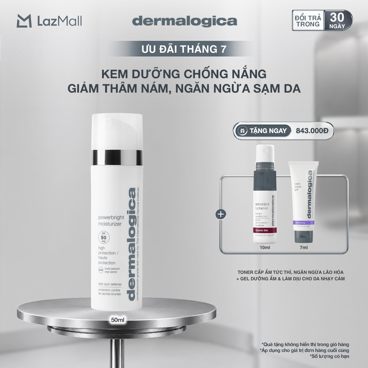 Mới! Kem chống nắng dermalogica powerbright moisturizer spf50 giảm thâm nám, ngăn ngừa sạm da  50ml