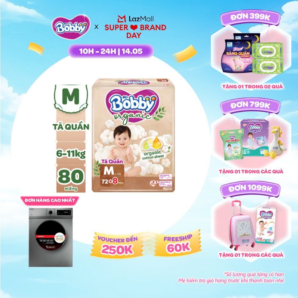 [SALE GIỮA THÁNG tặng QUÀ TO-SLCH][MỚI RA MẮT] [TẶNG KÈM 8 MIẾNG] Tã quần cao cấp Bobby Organic chăm sóc dịu nhẹ từ thiên nhiên M72