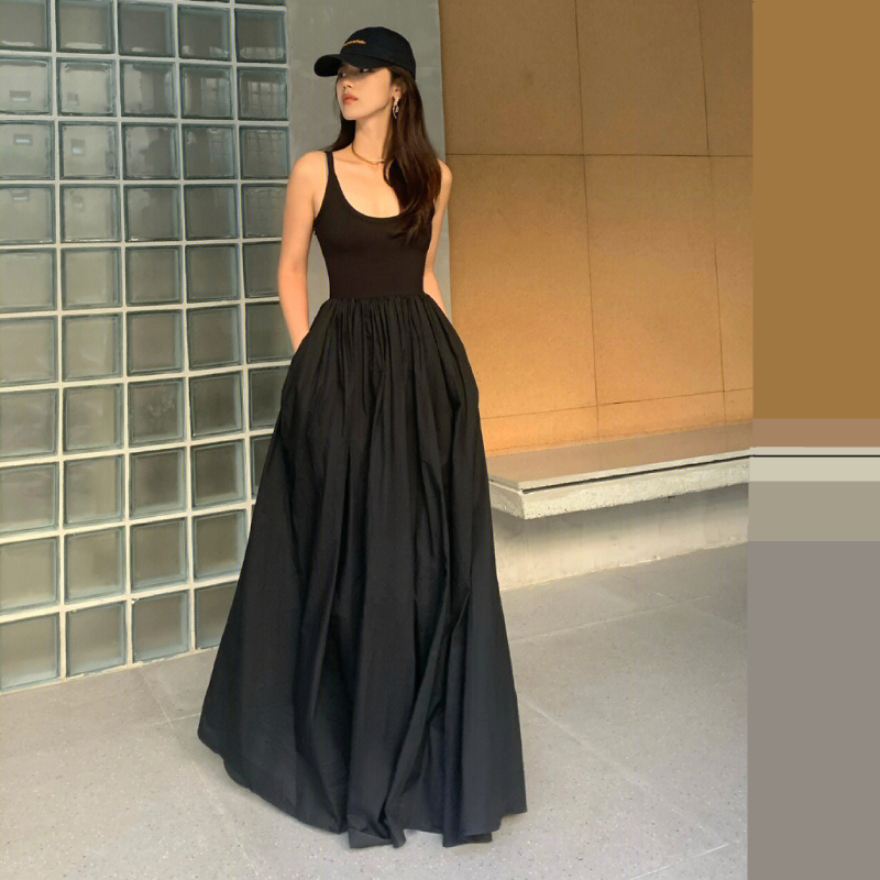 Váy liền màu đen cổ điển kiểu pháp váy đi biển nghỉ mát bờ biển tam á mặc phối du lịch thái lan tôn dáng gầy chít eo váy dài