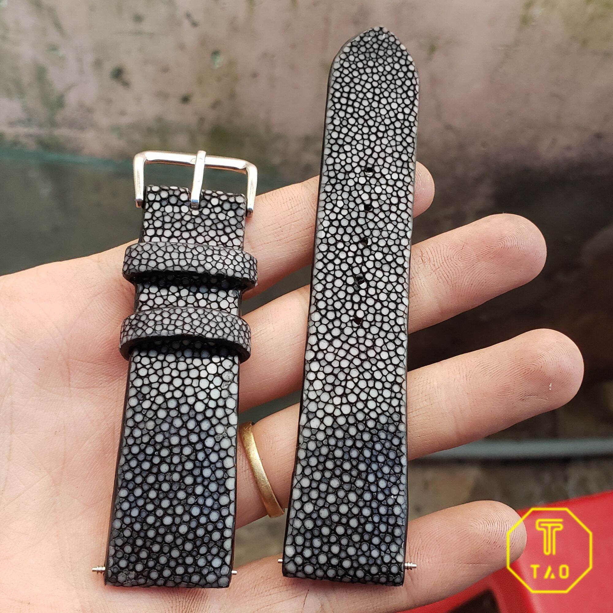 (Handmade) - Dây đồng hồ da cá đuối đen size 20-18