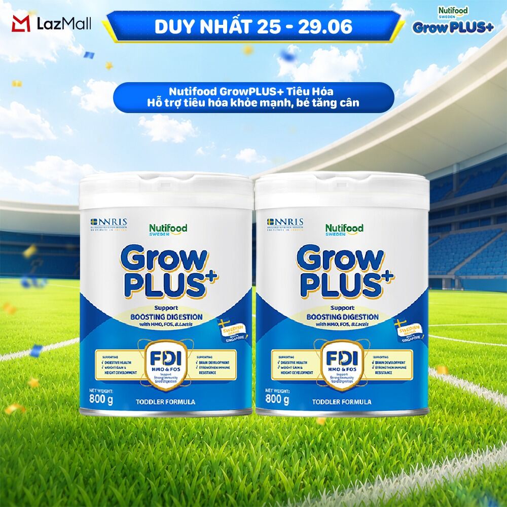 Combo 2 Sữa bột Nutifood Sweden GrowPLUS+ Tiêu Hóa (Xanh Nhạt) - Hỗ trợ tiêu hóa khỏe mạnh, bé tăng cân (Lon 800g)