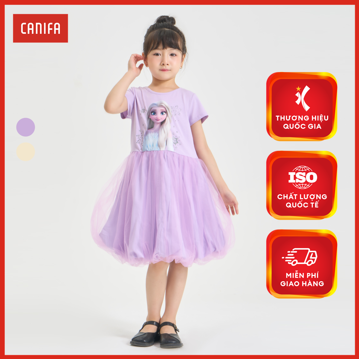 Váy liền bé gái CANIFA cộc tay in hình Elsa 1DS24S009