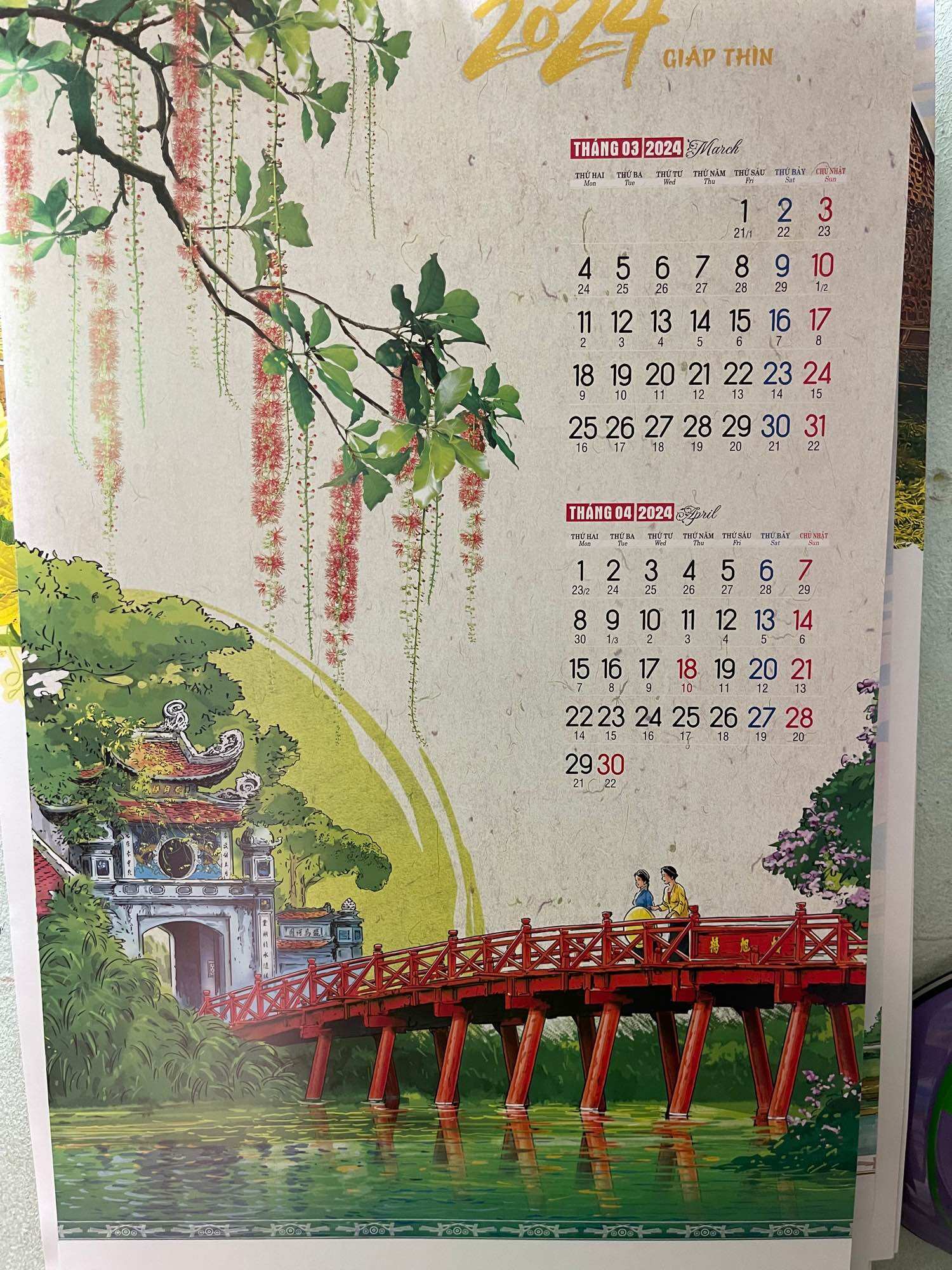 Lịch treo tường lò xo đỉnh 7 tờ loại đẹp 2024 Giáp Thìn
