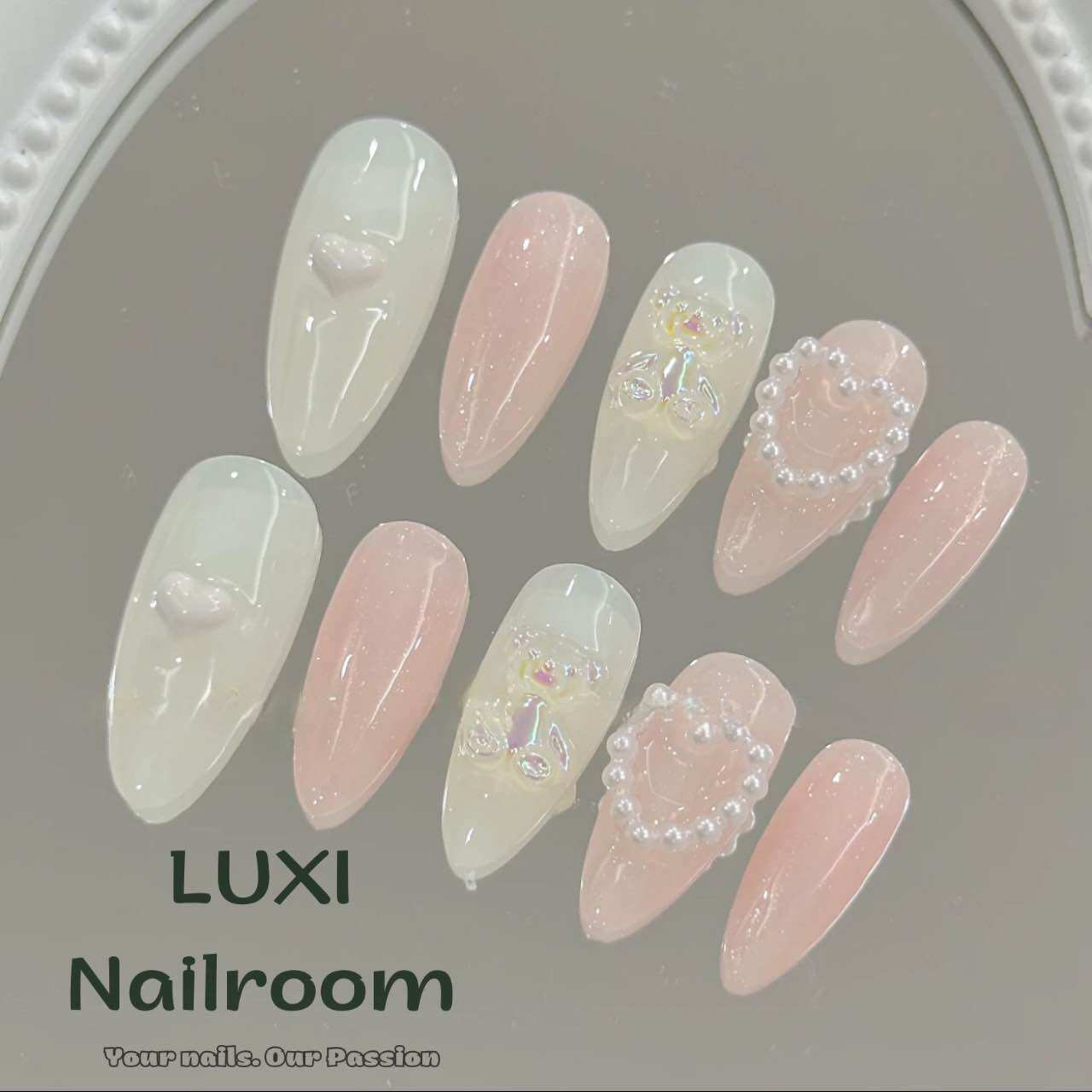 Nailbox - móng úp thiết kế thủ công mẫu thạch đính charm gấu, trái tim dễ thương