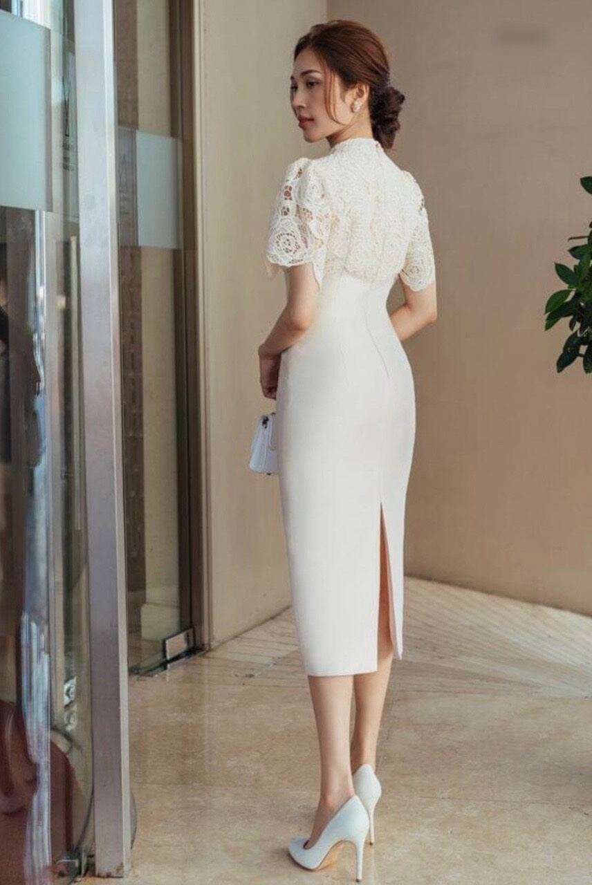 Đầm midi Topshop trắng phối ren