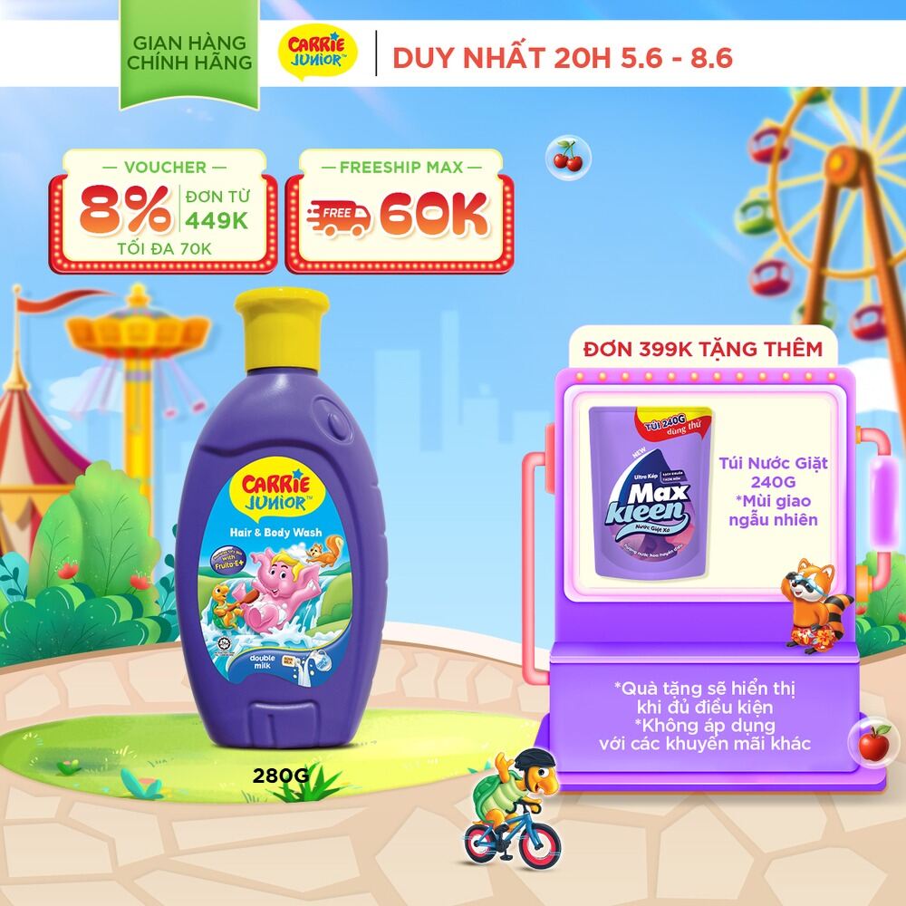 Sữa Tắm Gội cho bé Carrie Junior chiết xuất trái cây thiên nhiên Hương Tinh Chất Sữa 280g