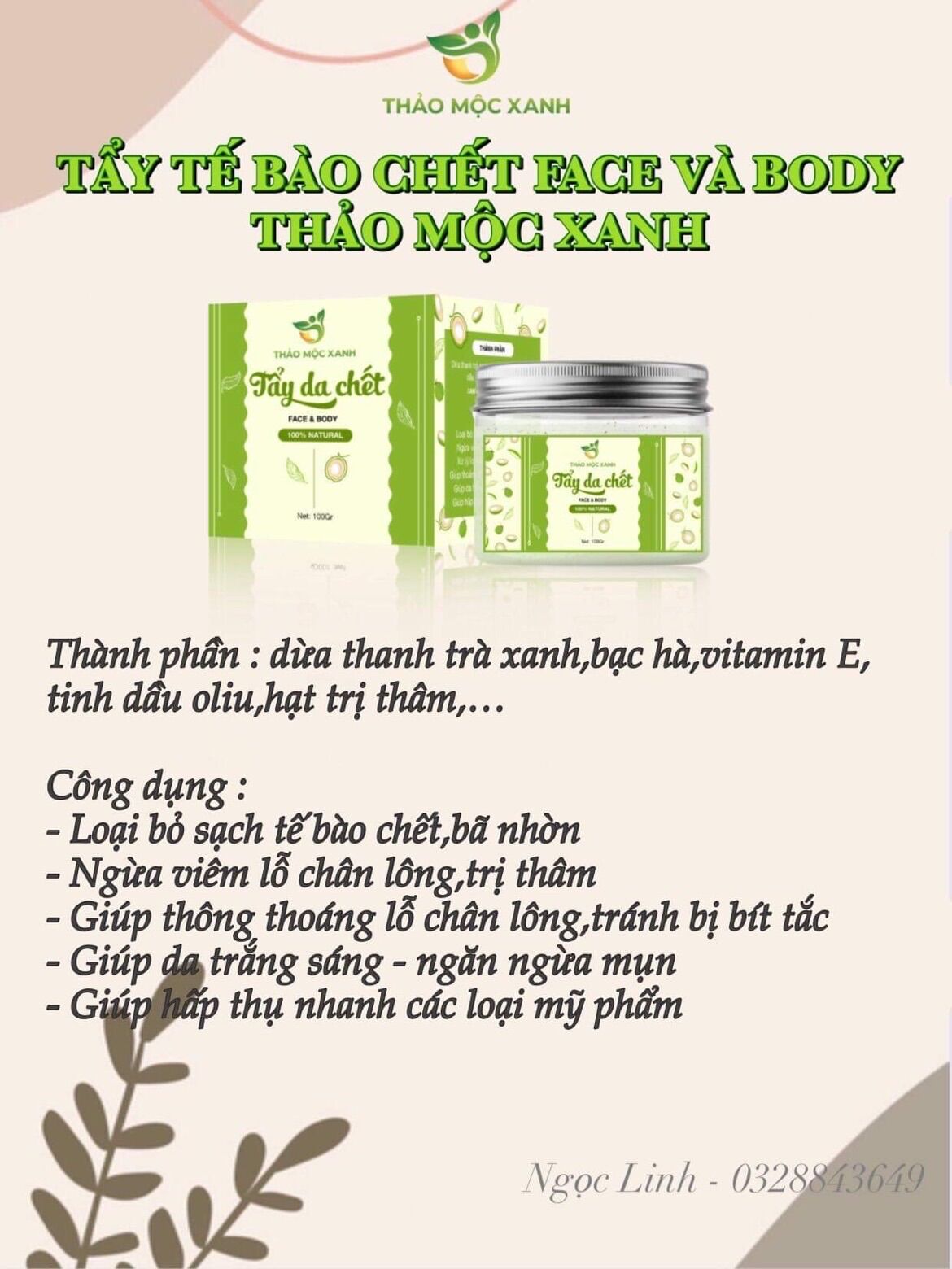 [Sẵn Hàng] Tẩy Da Chết Thảo Mộc Xanh 100g