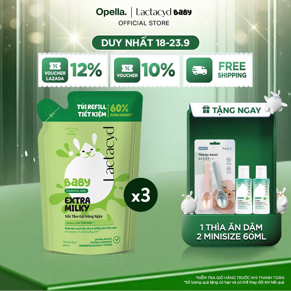 Bộ 3 Túi Refill - Sữa Tắm Gội Trẻ Em Lactacyd Milky Bảo Vệ, Nuôi Dưỡng Da và Tóc Bé Vượt Trội 400ml