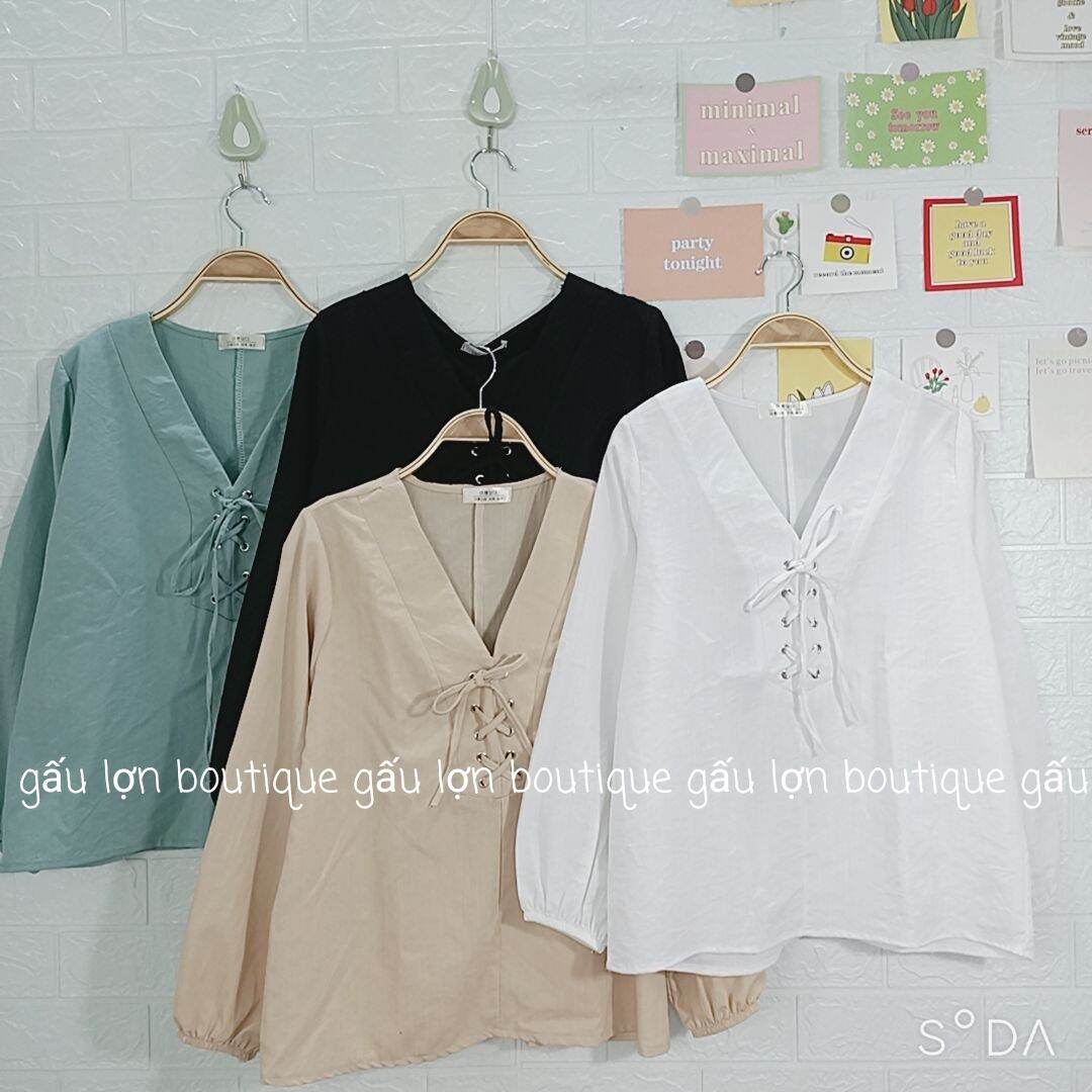 áo sơ mi kiểu cổ v đan dây ngực vintage