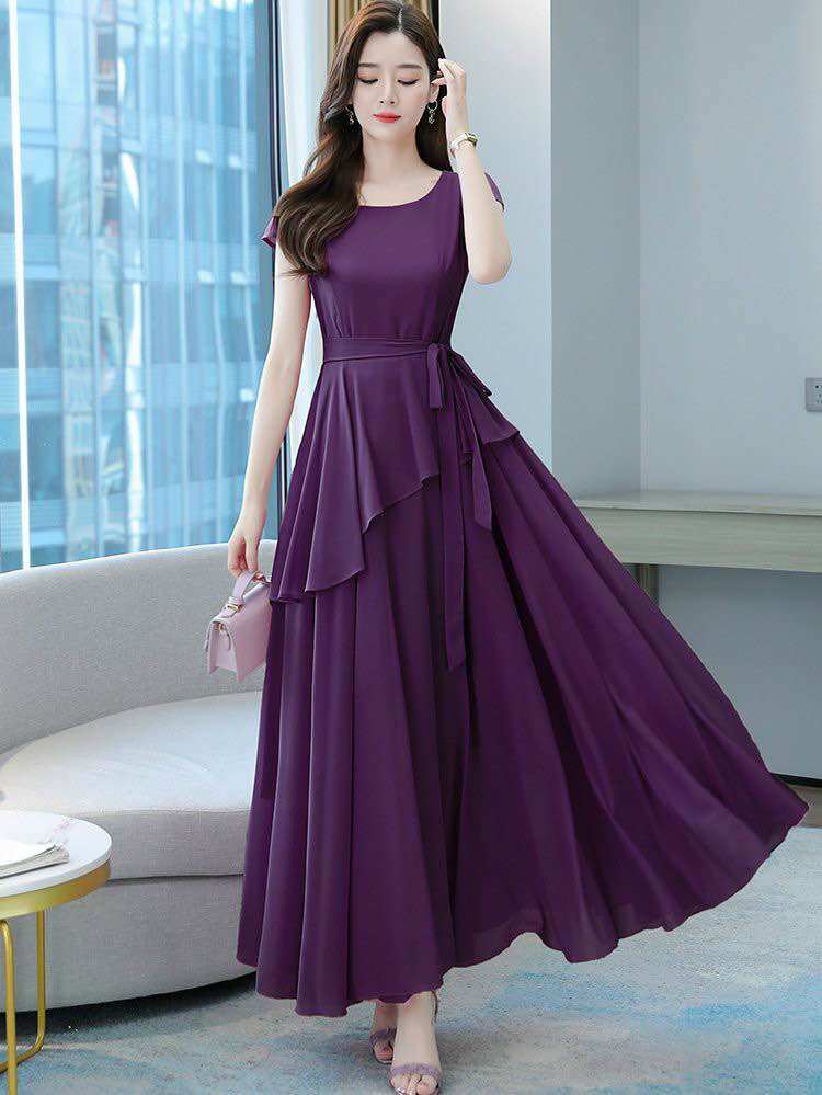Đầm xoè thắt dây eo, đầm maxi đi biển cổ tròn