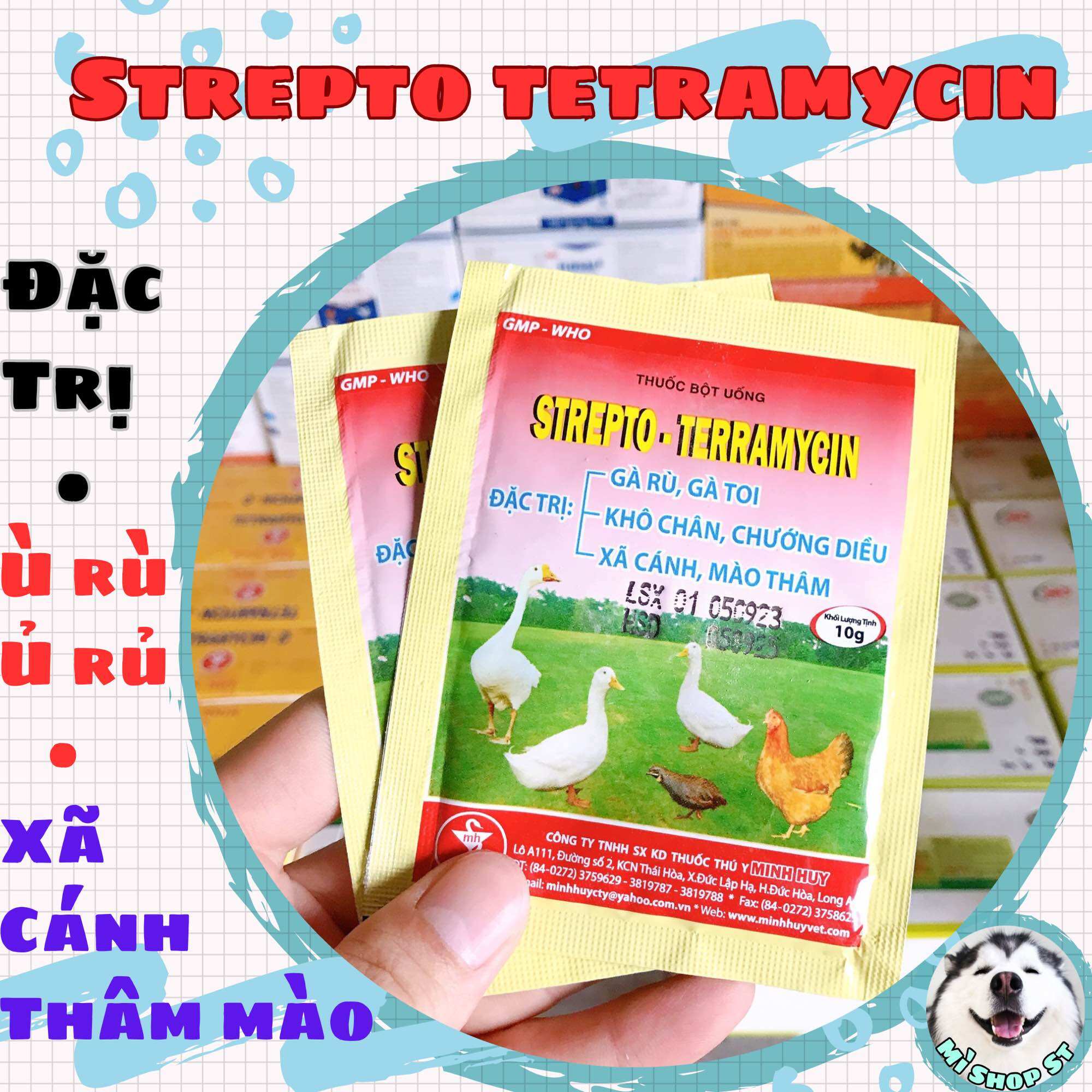 Strepto Tetramycin gà xù lông, xã cánh, thâm mào gói 5gram