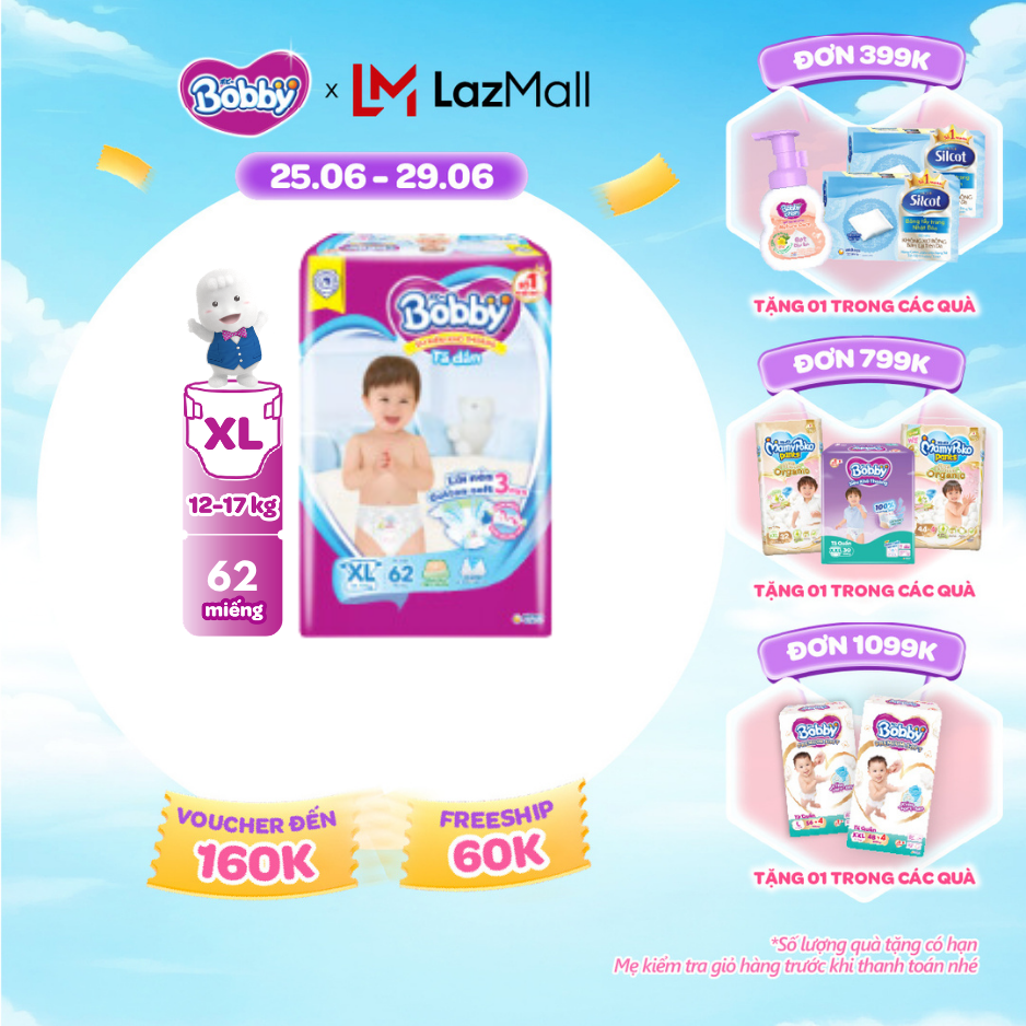 [SALE CUỐI THÁNG tặng QUÀ TO-SLCH]Tã/Bỉm dán Bobby 3mm Ultra Jumbo Siêu khô thoáng XL62