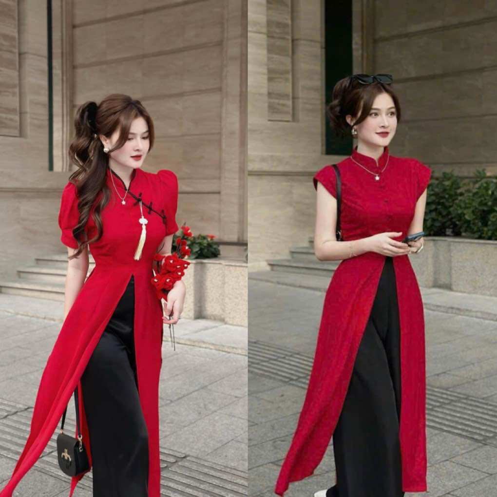 Set áo dài cổ tàu ngắn tay nút bọc xẻ tà