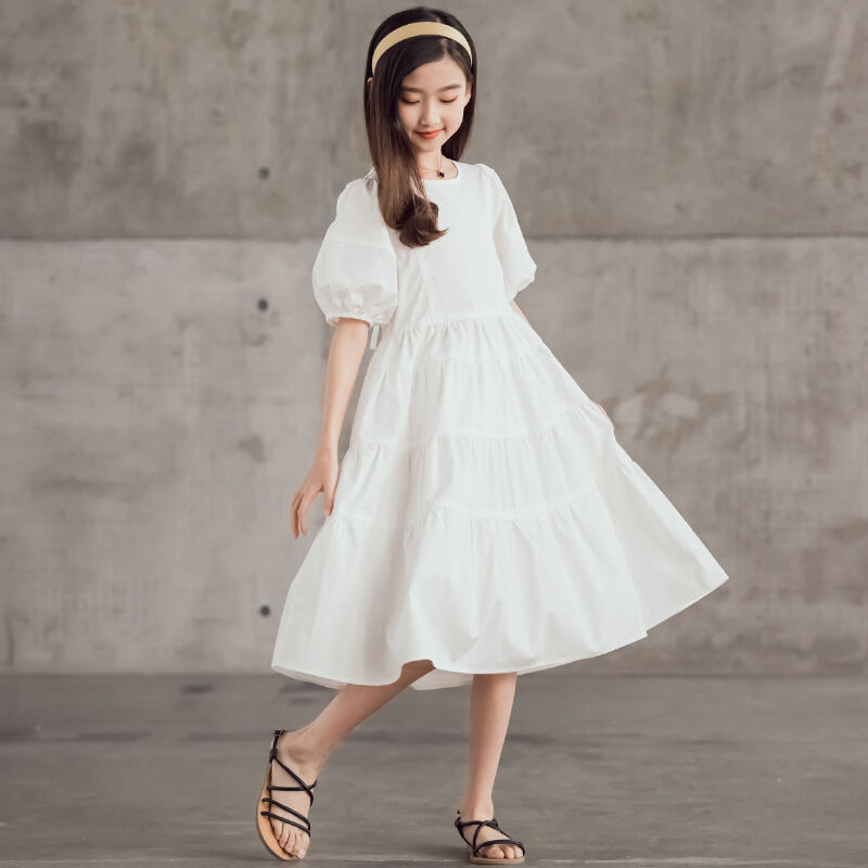 Váy Liền Bé Gái Trang Phục Trẻ Em Kiểu Tây Mùa Hè Váy Màu Trắng Trẻ Em 2022 Váy Công Chúa Tay Phồng Trẻ Em Lớn Nhỡ