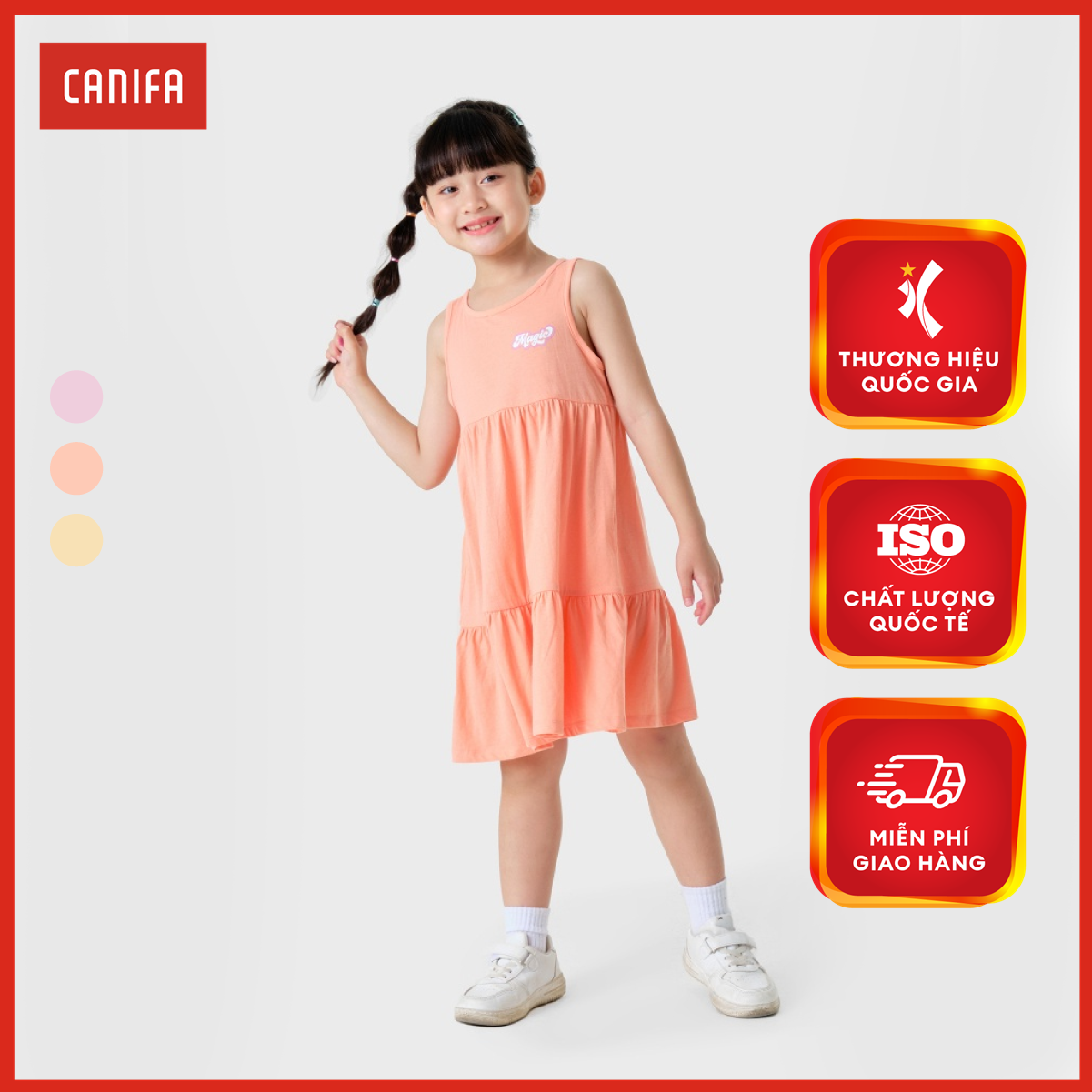 Váy liền bé gái có hình in CANIFA Váy liền bé gái chất liệu cotton pha cổ tròn sát nách 1DS23S002