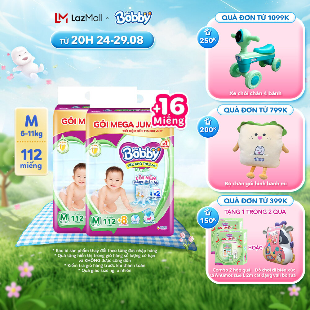 Combo 2 gói Tã quần Bobby Mega Jumbo Gạo non 3mm  M112/L96/XL84/XXL76