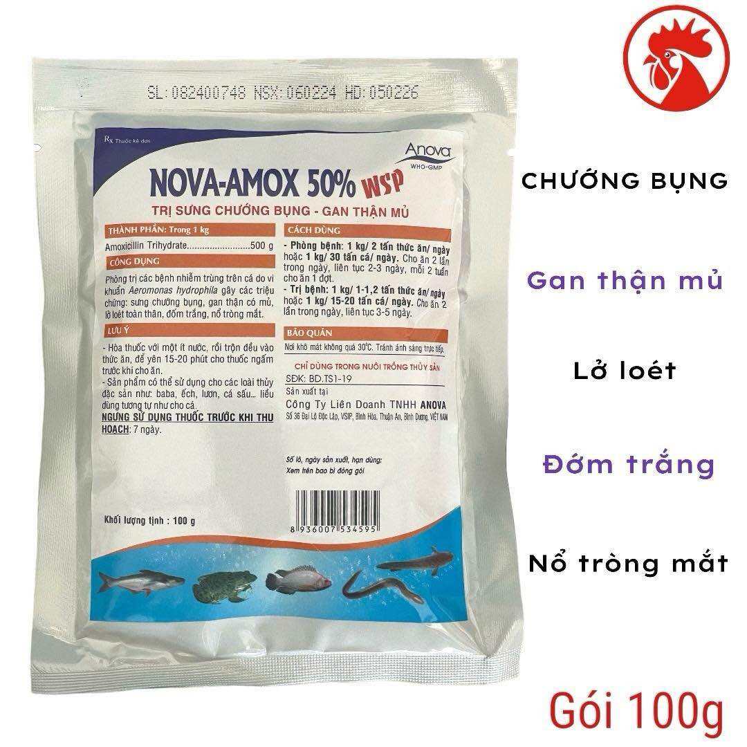 Nova Amox 50% 100g trị sưng chướng bụng gan thận mủ lở loét trên cá ếch baba. Thuỷ Sản động vật