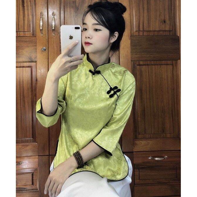 Đồ lam đi chùa - mẫu nữ bà ba xéo lụa gấm - áo và quần đen