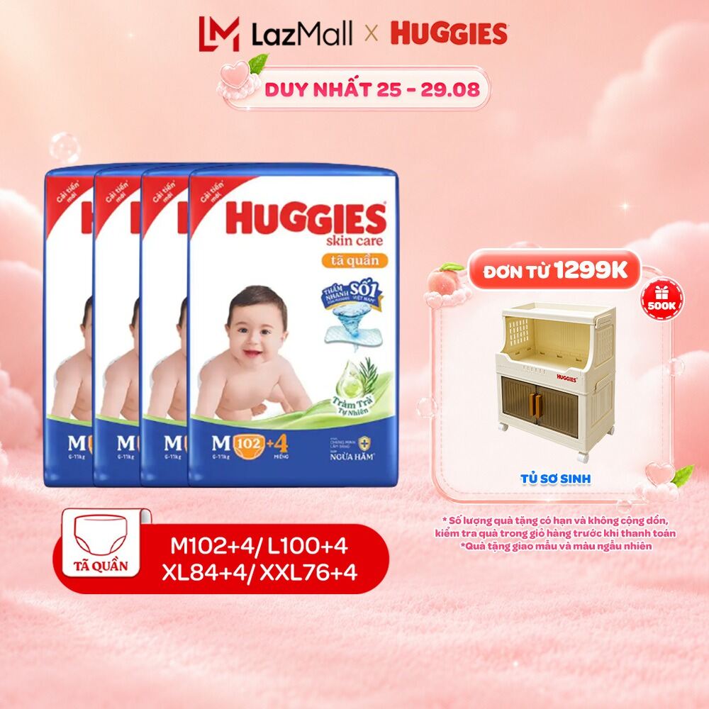 Combo 4 Tã/bỉm quần Huggies Skin Care Mega Jumbo M102/L100/XL84/XXL76 +4 miếng với tràm trà dịu da