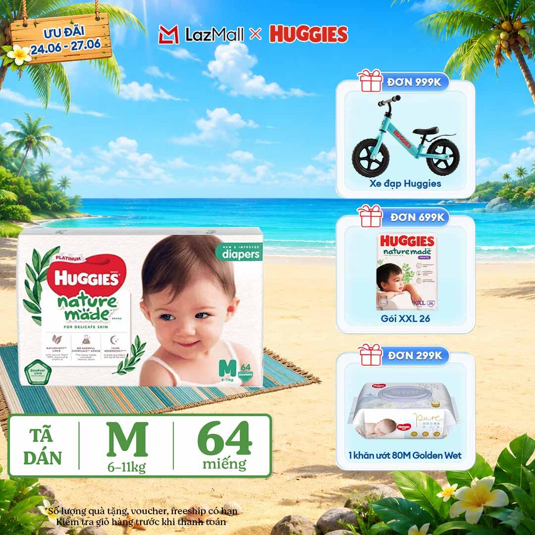 [Chỉ 25-29.06 QUÀ TẶNG ĐƠN 399K](Mua 1 tặng 1)  Tã/Bỉm dán HUGGIES PLATINUM NatureMade M64 (6-11kg)-Gói Jumbo 64 miếng