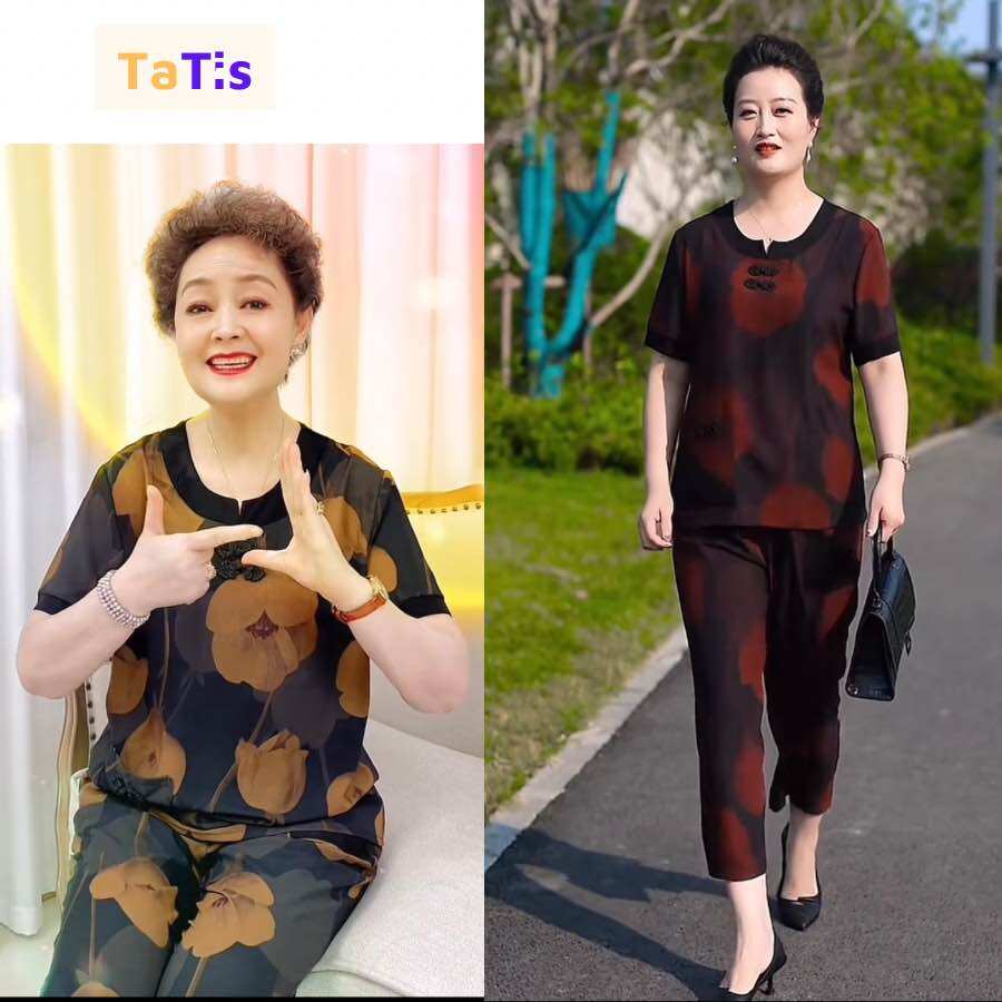 Đồ bộ nữ trung niên cho mẹ, bộ trung niên nữ phối mango, quần dài ống nhỏ cao cấp-KN02