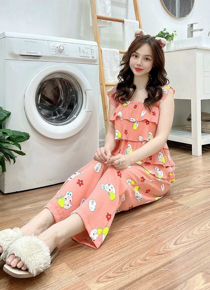 Đồ bộ lụa dập ly hình gấu mặc nhà quần dài nữ mặc nhà dễ thương - 18