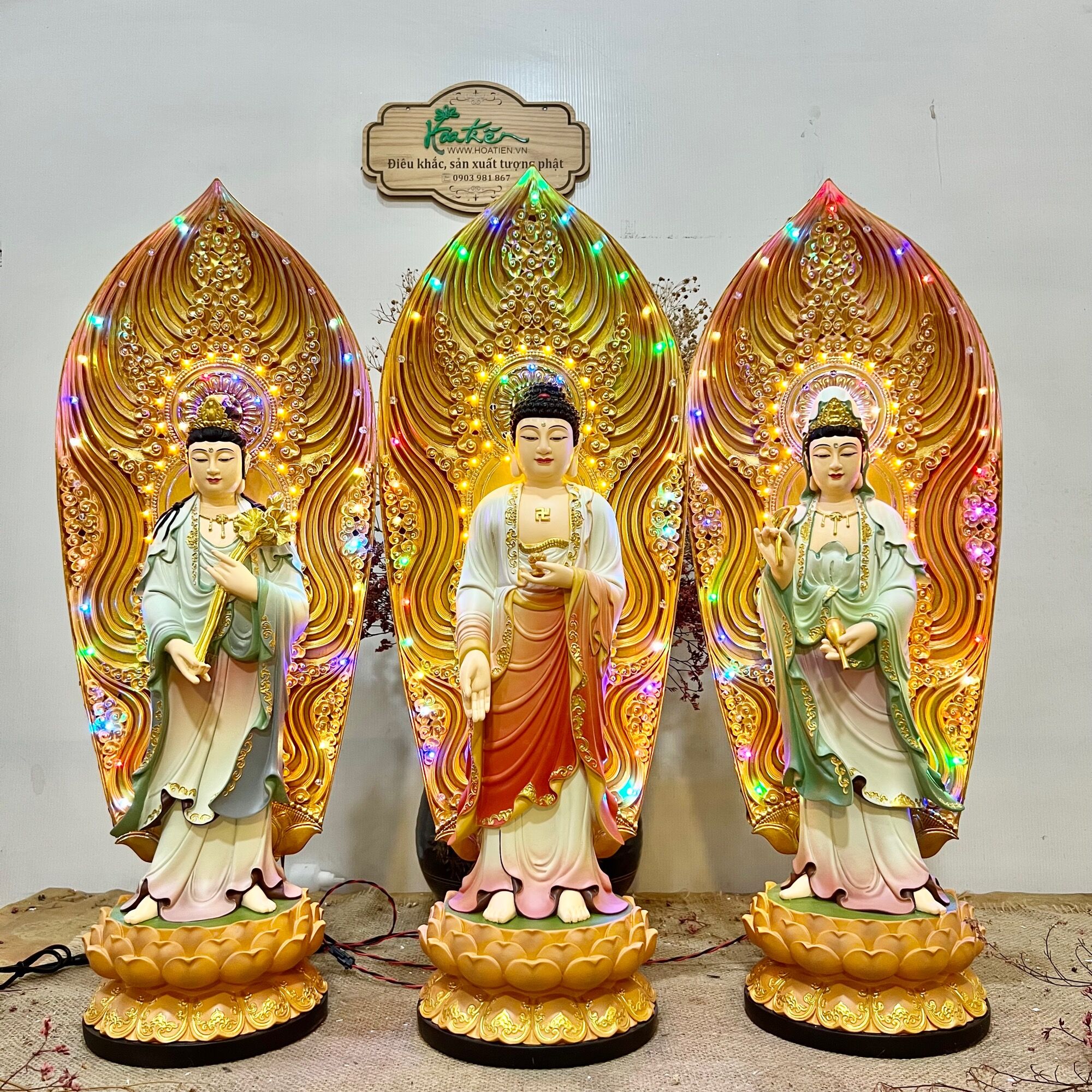Bộ 3 tượng phật tây phương tam thế 48cm +kèm hq = 63cm | tượng phật hoa tiên