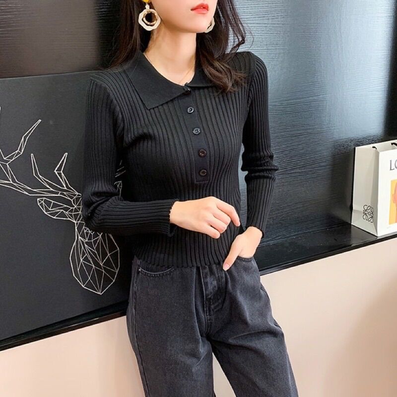 Áo len dài tay cổ bẻ cài cúc ngực classic