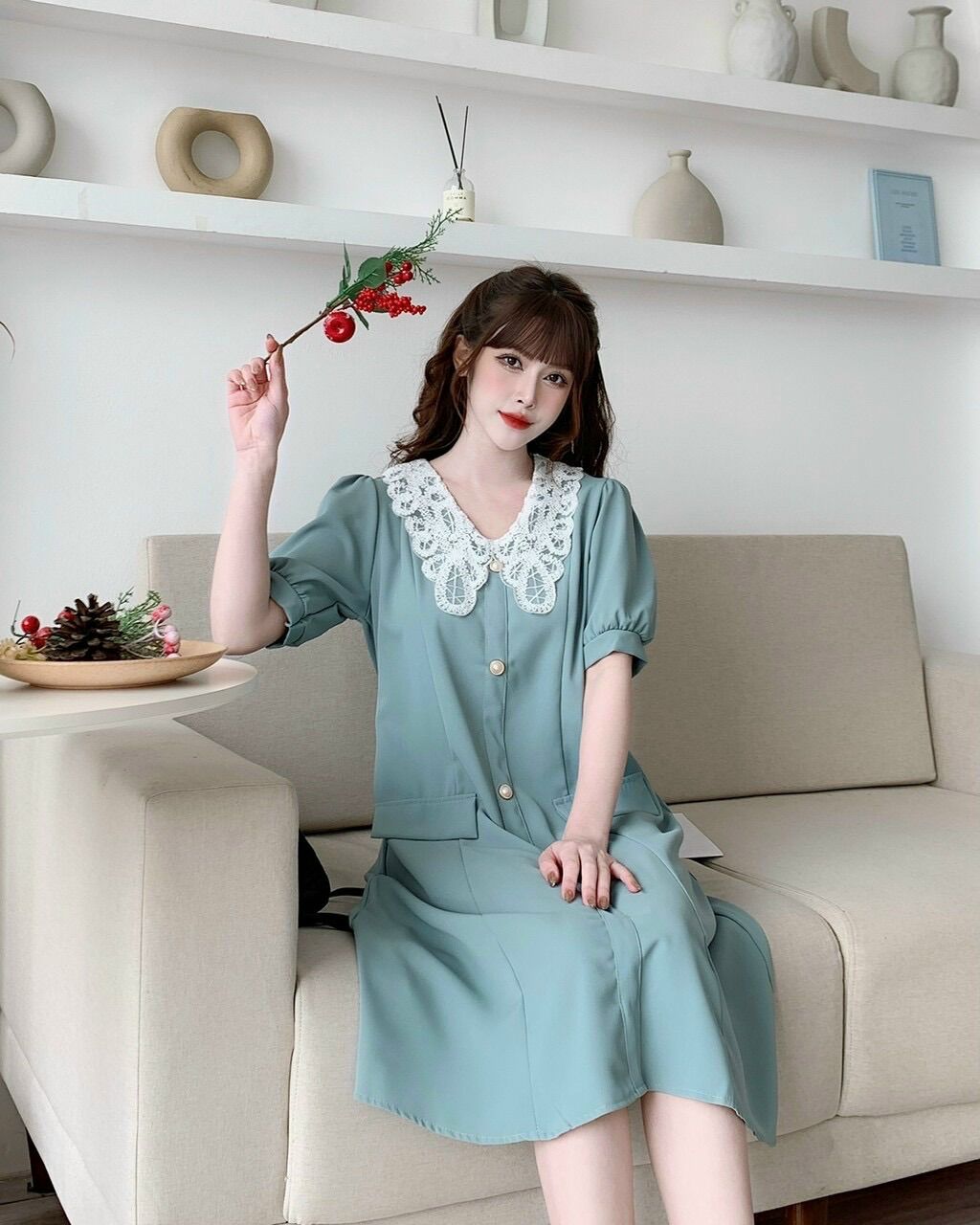 Đầm bầu caro phối ren sang trọng