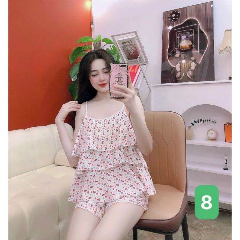 Đồ bộ tầng 2 dây dễ thương chất lụa và voan mặc nhà nữ - M33