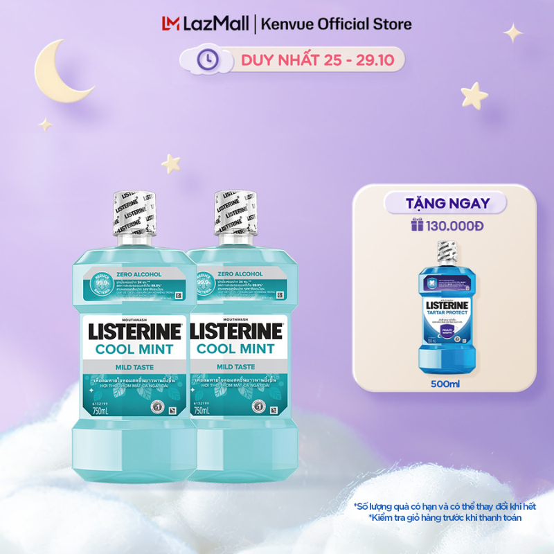 Bộ 2 Chai Nước Súc Miệng Listerine Giúp Hơi Thở Thơm Mát Cool Mint Zero Alcohol 750mlx2