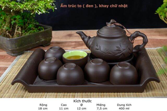 Ấm chén tử sa bát tràng hoa đào s1 khay chữ nhật