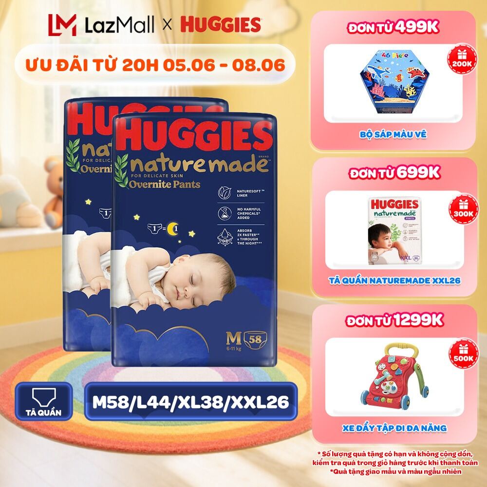 Combo 2 Tã quần Huggies Naturemade ban đêm M58/L44/XL38/XXL26