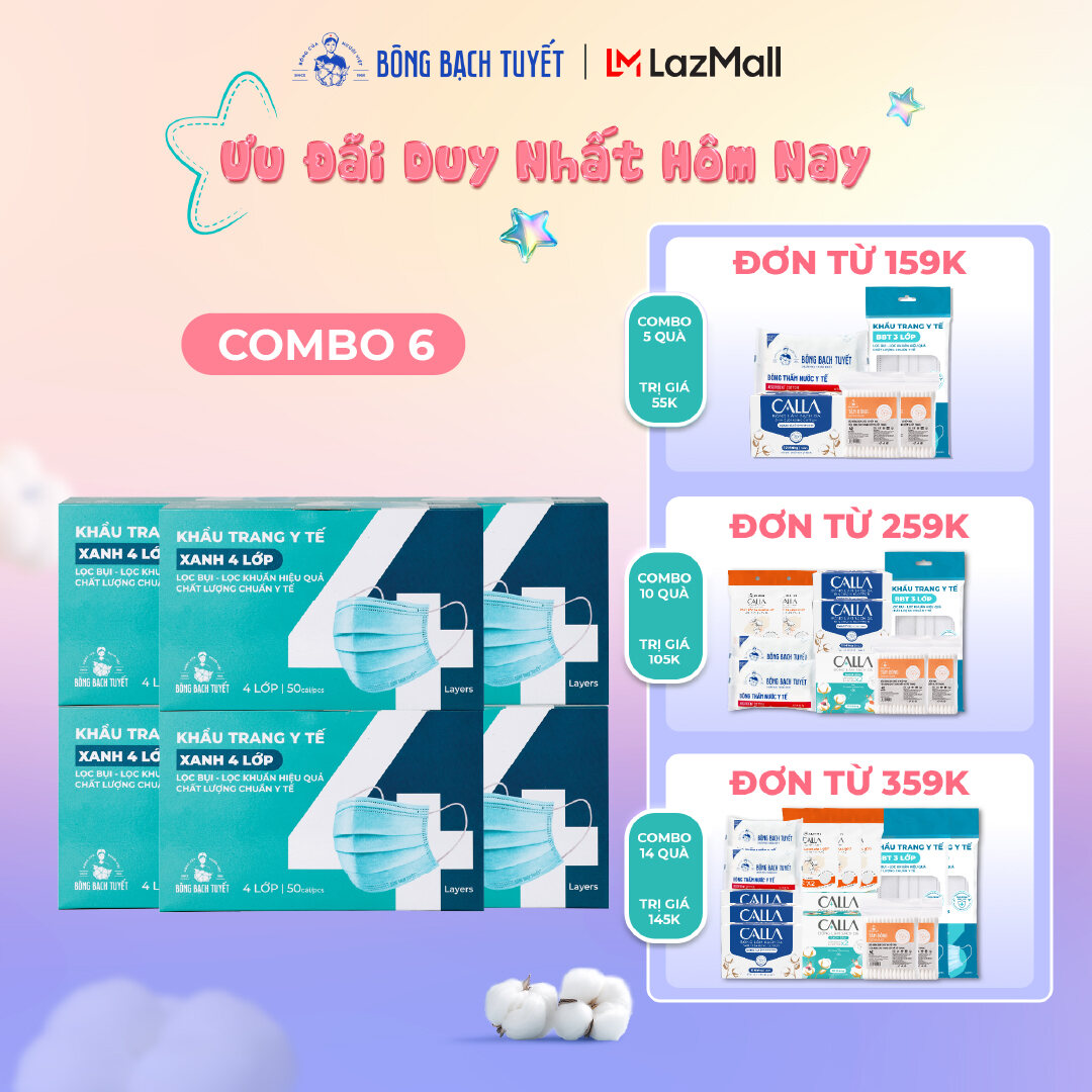 Combo 6 Hộp Khẩu trang Bông Bạch Tuyết 4 lớp xanh (50 cái/hộp)
