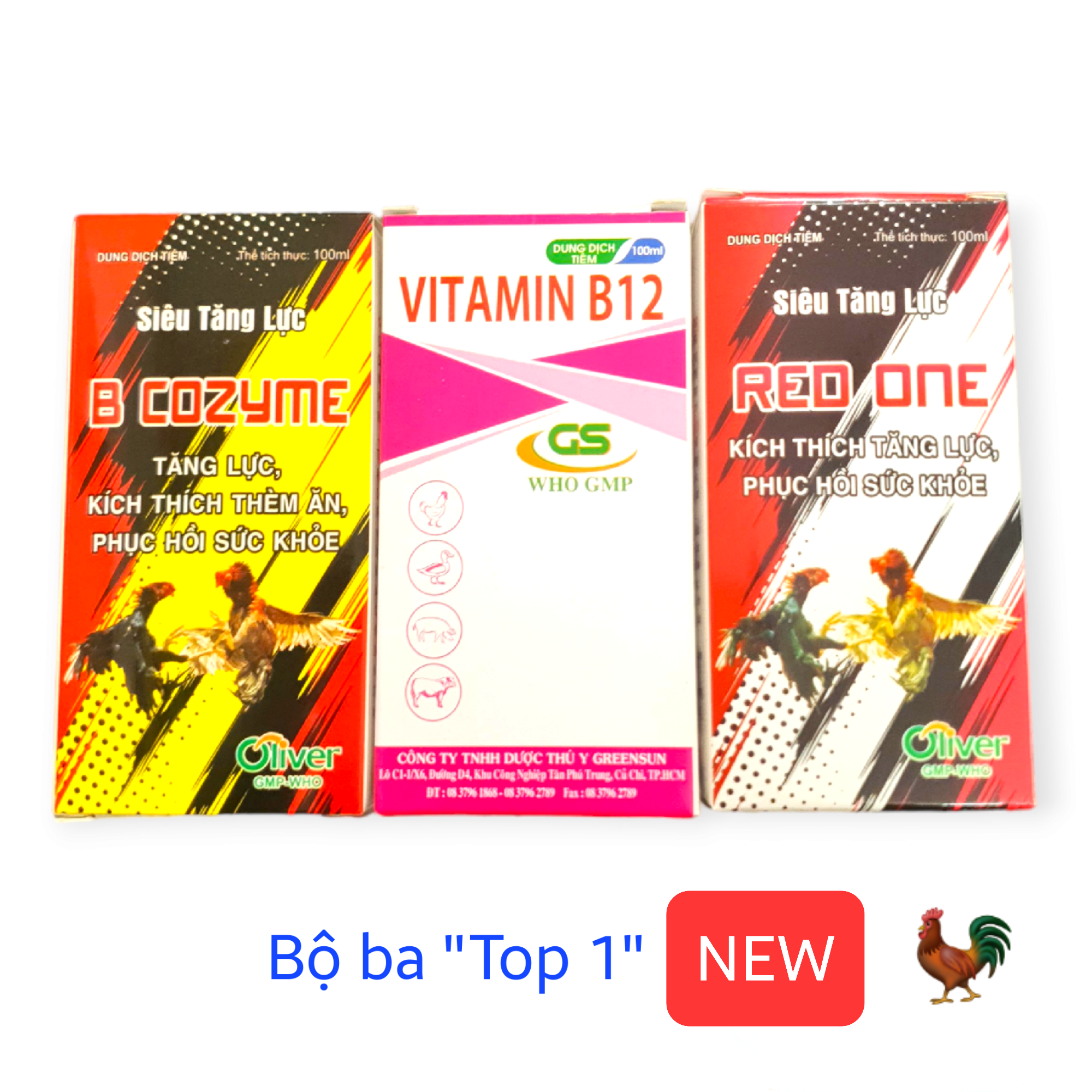 Bộ 3 "Top 1 New" Combo 3 sản phẩm chuyên dùng cho gà đá : Bcozyme Siêu Tăng Lực, Vitamin B12 và Red One STL (Tặng ống tiêm 1ml)