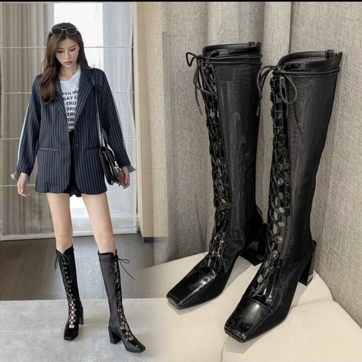 Bốt lưới đùi và ngắn cao cấp gót vuông 7cm