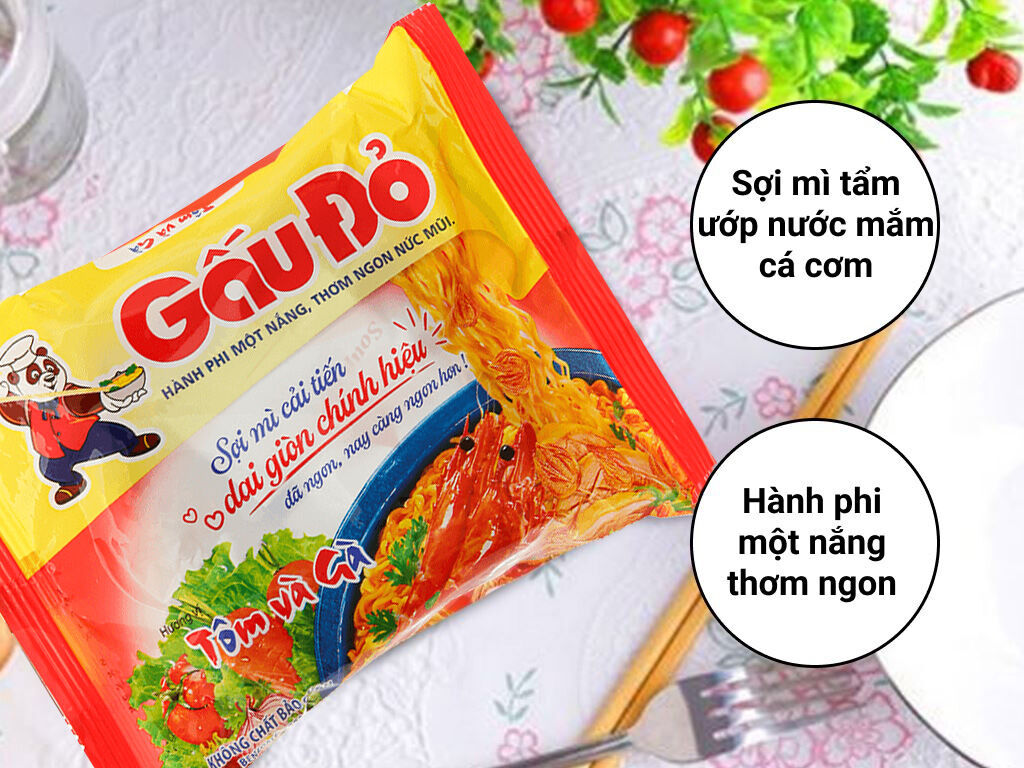 Thùng 30 gói mì Gấu Đỏ tôm và gà 63g