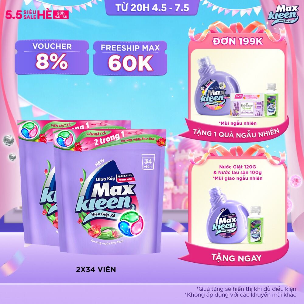 Combo 2 Túi Viên Giặt Xả MaxKleen 2 Trong 1 hương Ngày Thư Thái (34 viên/ túi)