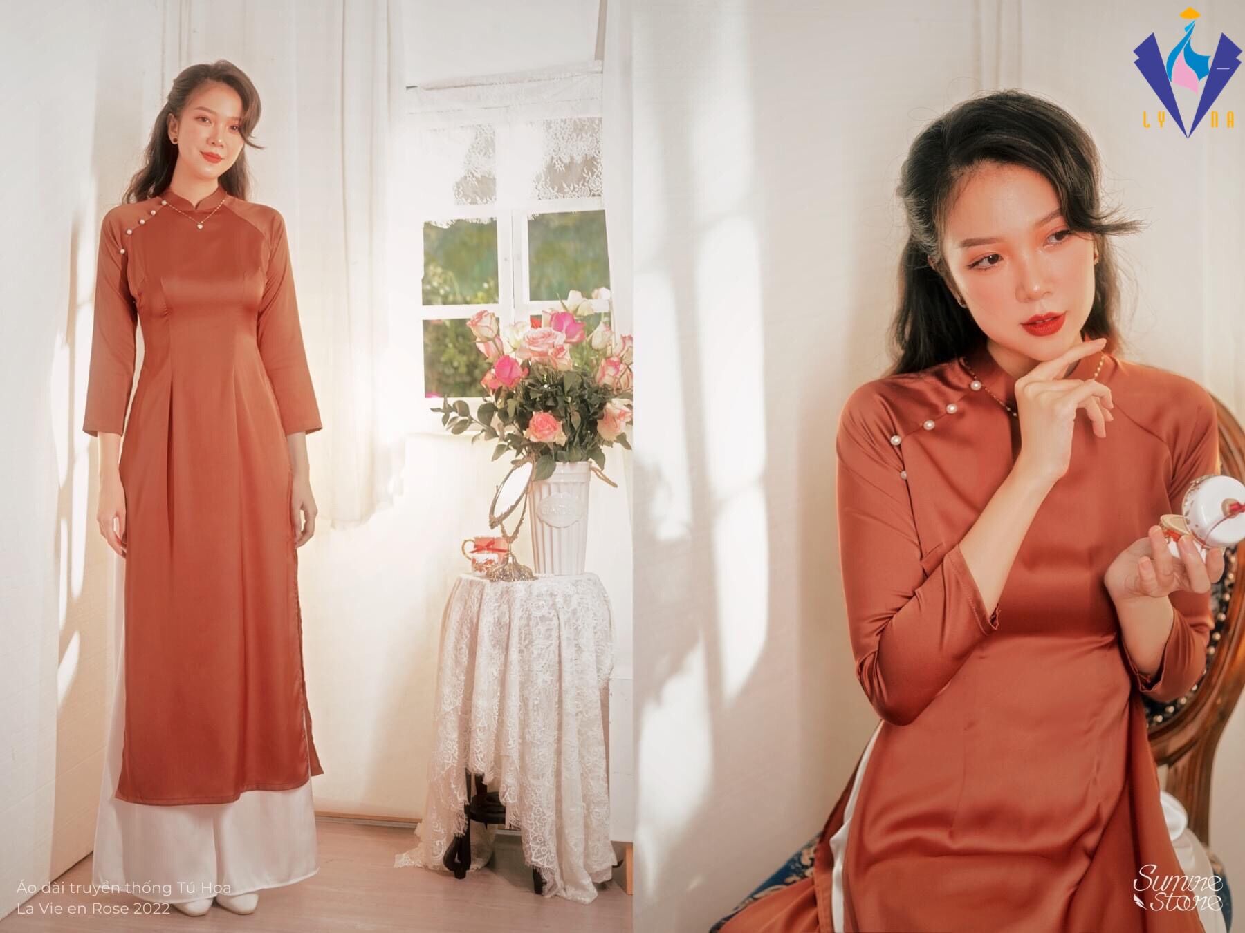 Áo dài cách tân áo dài màu đỏ cam đính hạt Ngọc tinh tế lụa mềm mặc thích