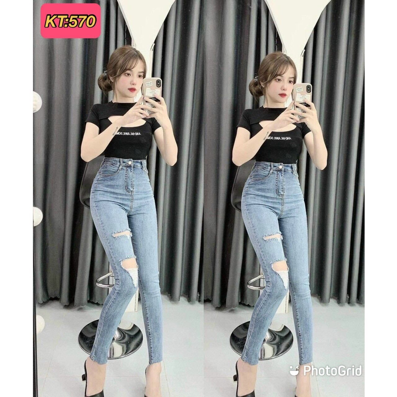 Quần jean ôm lưng cạp siêu cao rách hình thật